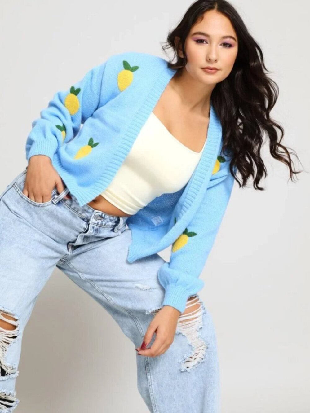 Textured Blue Lemon Cardigan - Picture 7 of 10